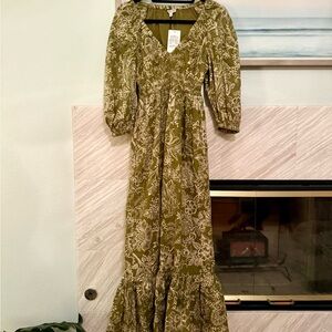 Patrons Of Peace Anthropologie Olive Floral Long Sleeve Dress NWT
